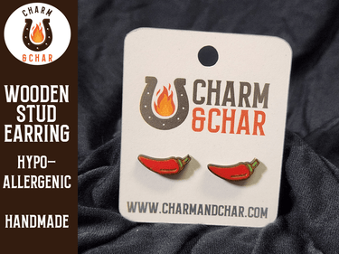 Chili Pepper Wood Stud Earrings - Food Fashion Earring - Stud Earring - Charm and Char